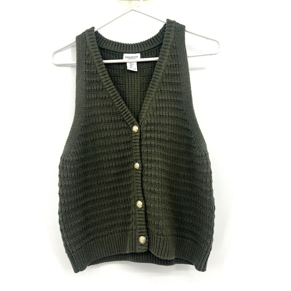 Song of Style Aimee Song Olive Green Knit Sweater Vest Gold Buttons V-Neck L